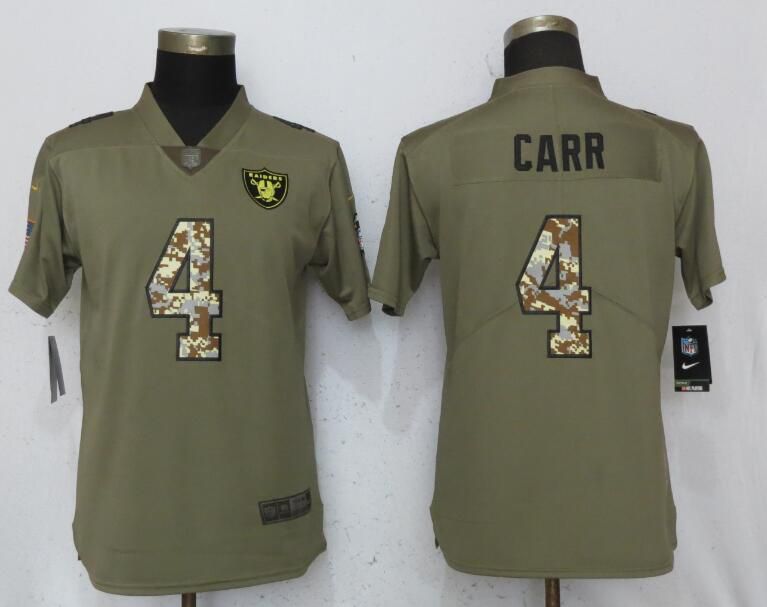 Women Oakland Raiders #4 Carr Olive Camo Carson Nike Salute to Service Player NFL Jerseys
